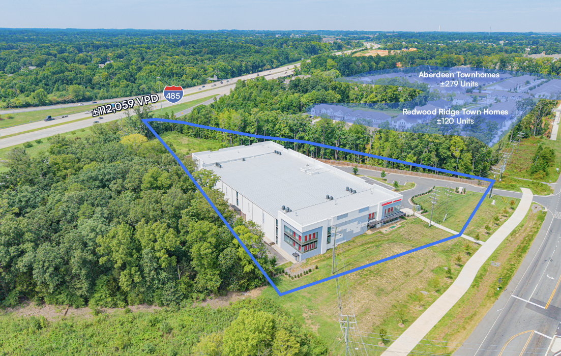 Aerial view of the Cubesmart Self Storage facility parcel with I-485 visibility and nearby residential communities labeled