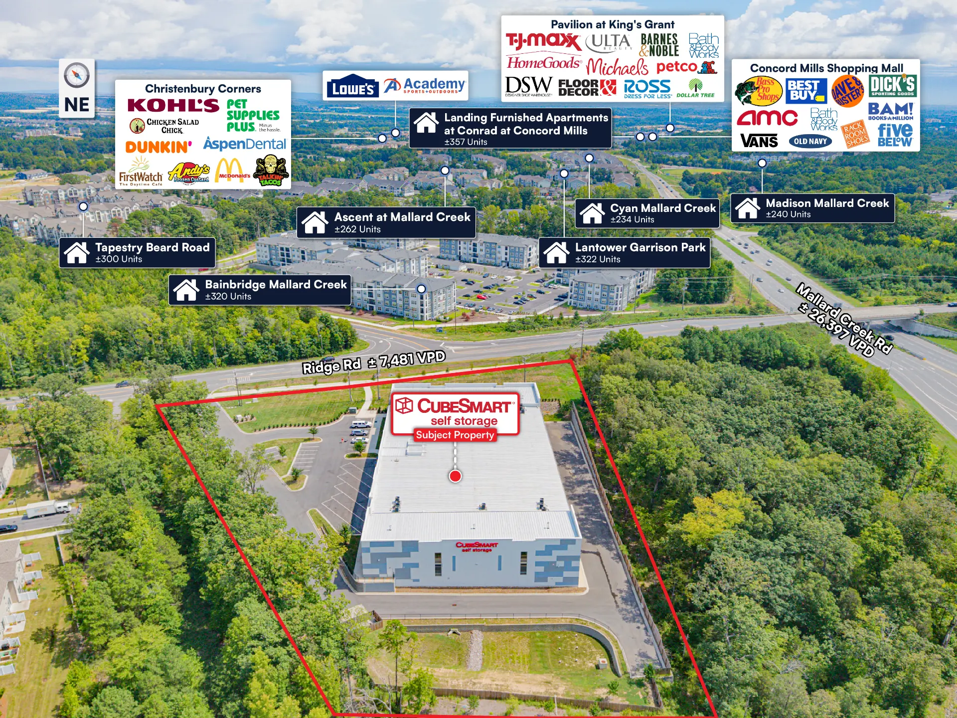 Aerial map of CubeSmart Self Storage at 2601 Ridge Rd, Charlotte, NC with surrounding retail and multifamily