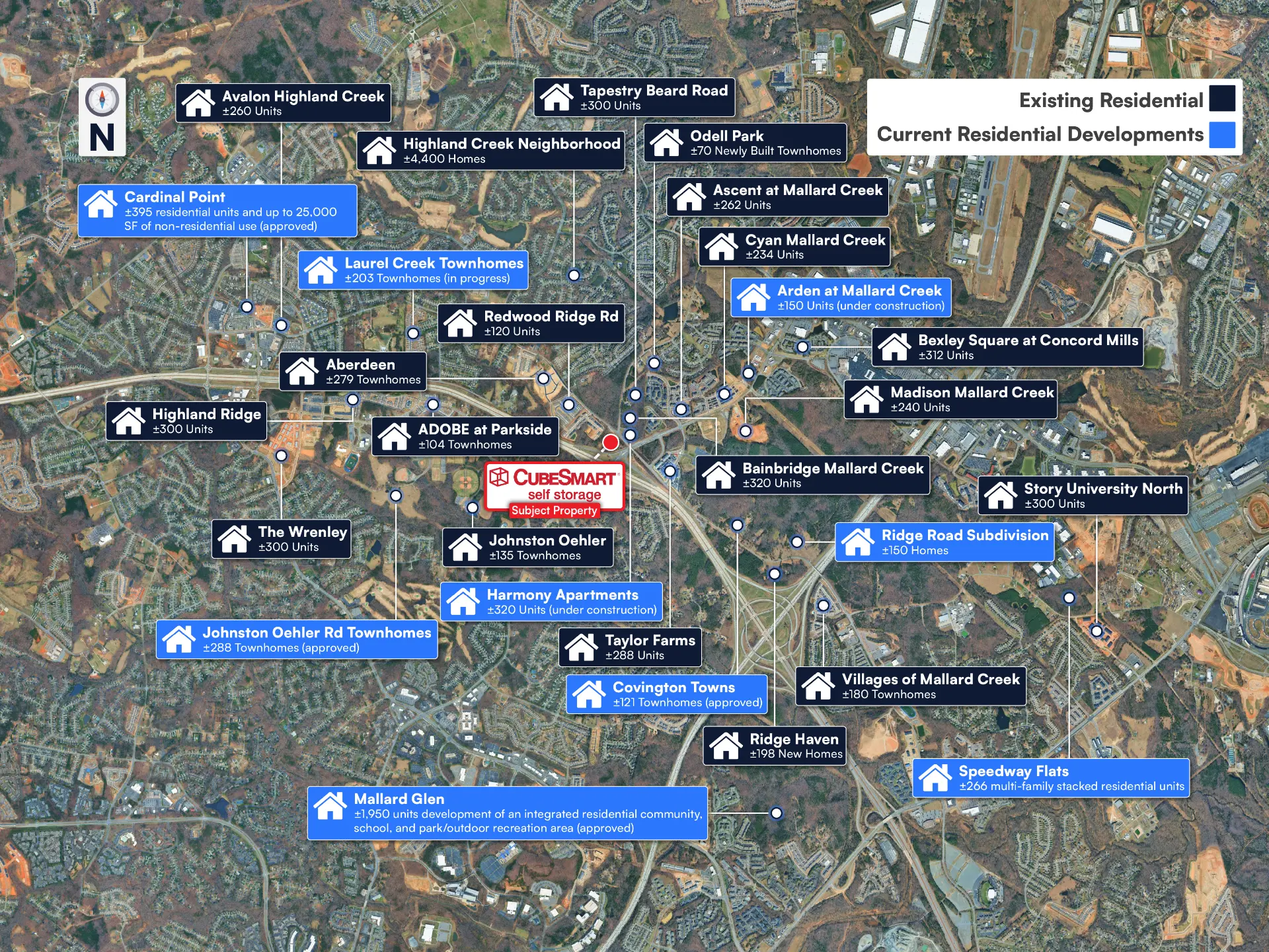 Residential development map showing existing and under-construction communities near the subject property
